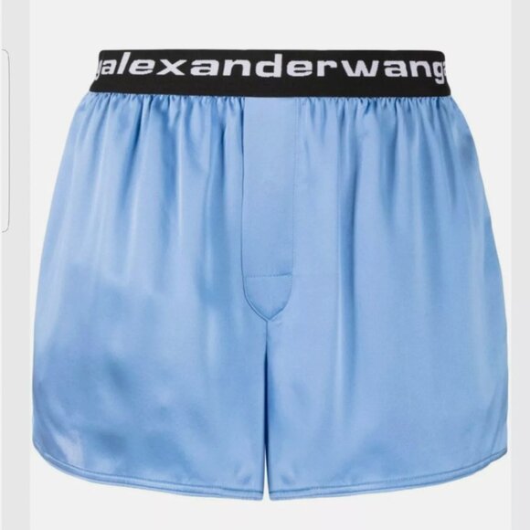 ✨ SALE NEW T by Alexander Wang Bermuda Boxer Silk Shorts Ocean Blue Logo Elastic - Picture 10 of 10